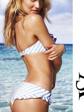 Victoria's Secret | Blue Stripe Ruffle Cheeky Bikini Bottoms | Size Medium